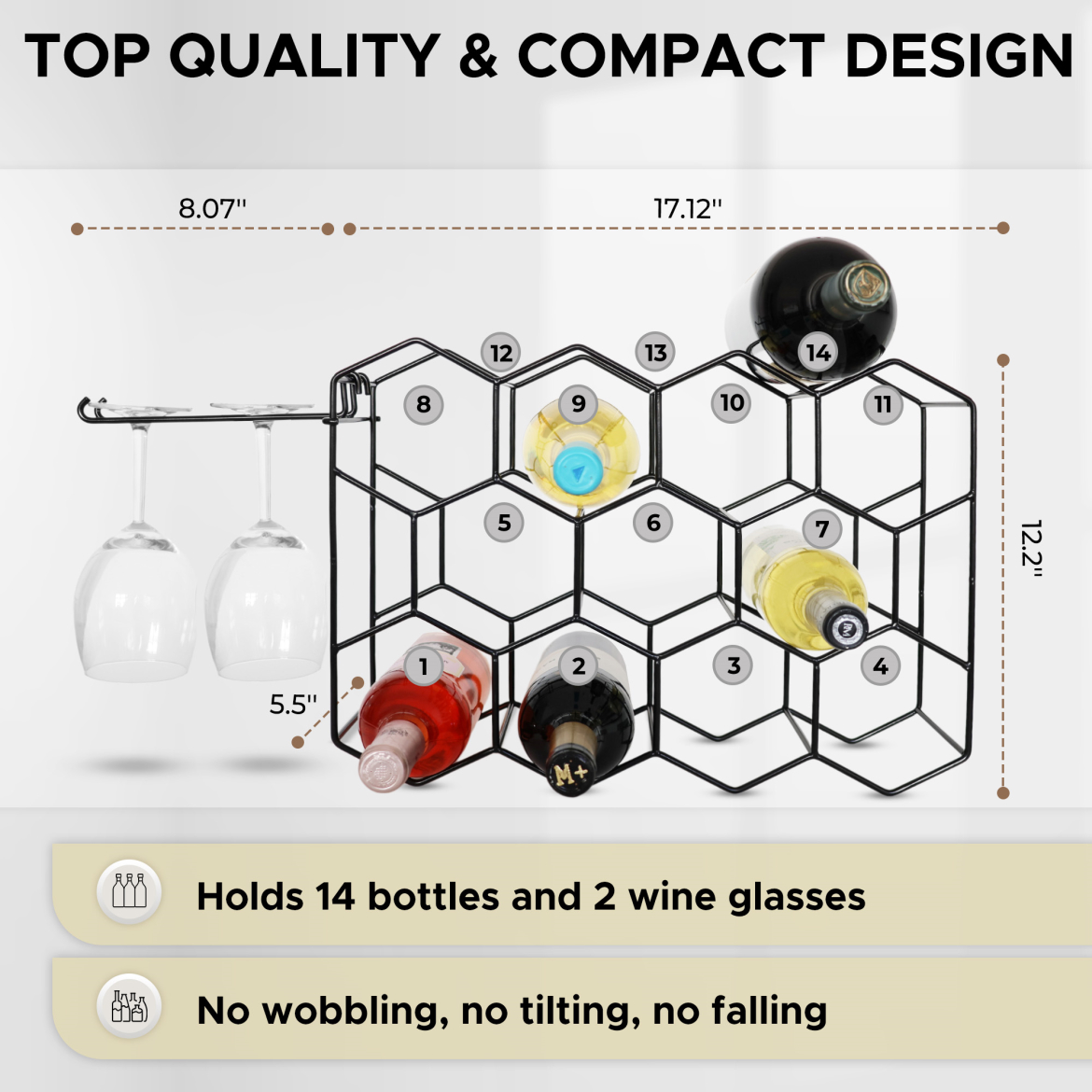 ONEHK Countertop Wine Rack with Glass Holder Elegant Metal Wine Holder Countertop for 14 Bottles 3-Tier Design with Top Shelf Storage and Hanging Removable Holder for 2 Wine Glasses