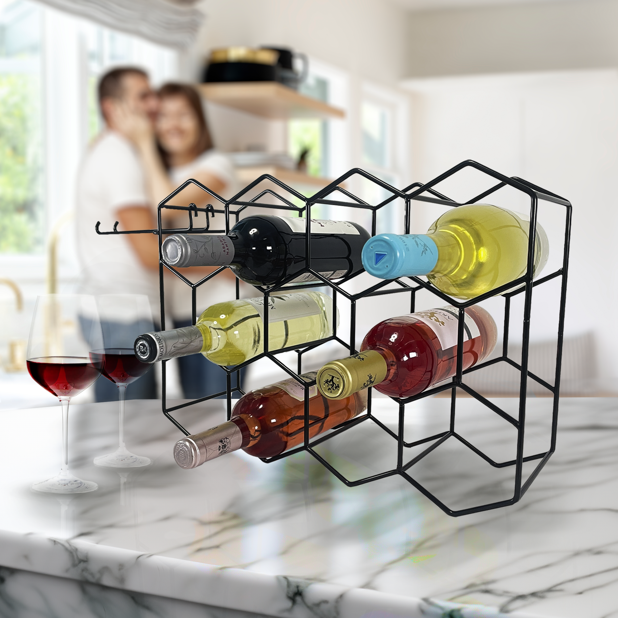 ONEHK Countertop Wine Rack with Glass Holder Elegant Metal Wine Holder Countertop for 14 Bottles 3-Tier Design with Top Shelf Storage and Hanging Removable Holder for 2 Wine Glasses