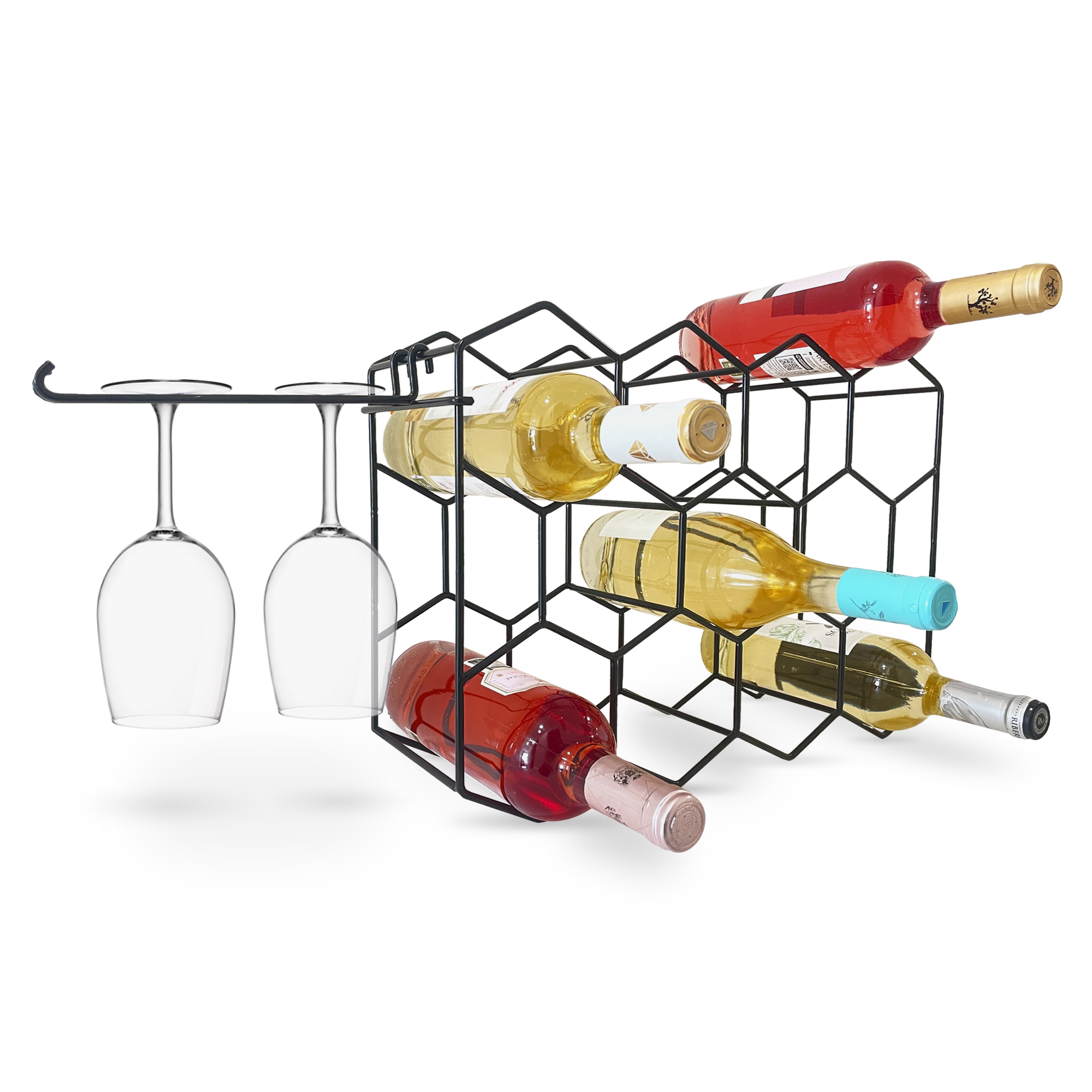 ONEHK Countertop Wine Rack with Glass Holder Elegant Metal Wine Holder Countertop for 14 Bottles 3-Tier Design with Top Shelf Storage and Hanging Removable Holder for 2 Wine Glasses